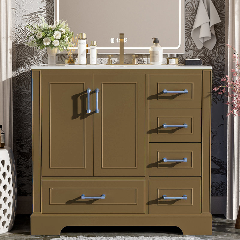 36'' Single Bathroom Vanity With Ceramics Top, Brown