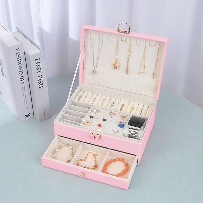 Boîte à bijoux en cuir de polyuréthane rose à 3 niveaux, 2 tir ...