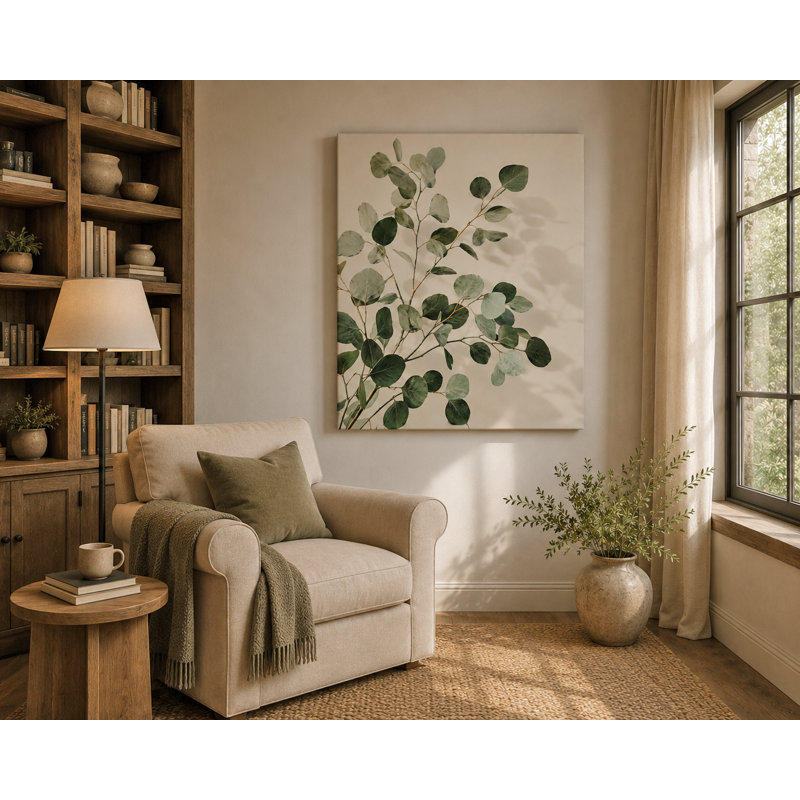 «Eucalyptus Branch Study», art mural botanique vert sur toile tendue, 30"W x 40"H x 1.5"D