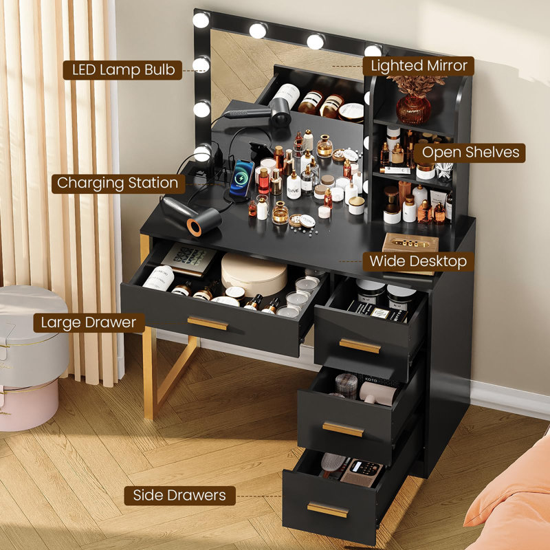 Coiffeuse avec lumières DEL et miroir Teya pour cadeau de Noël, Noir