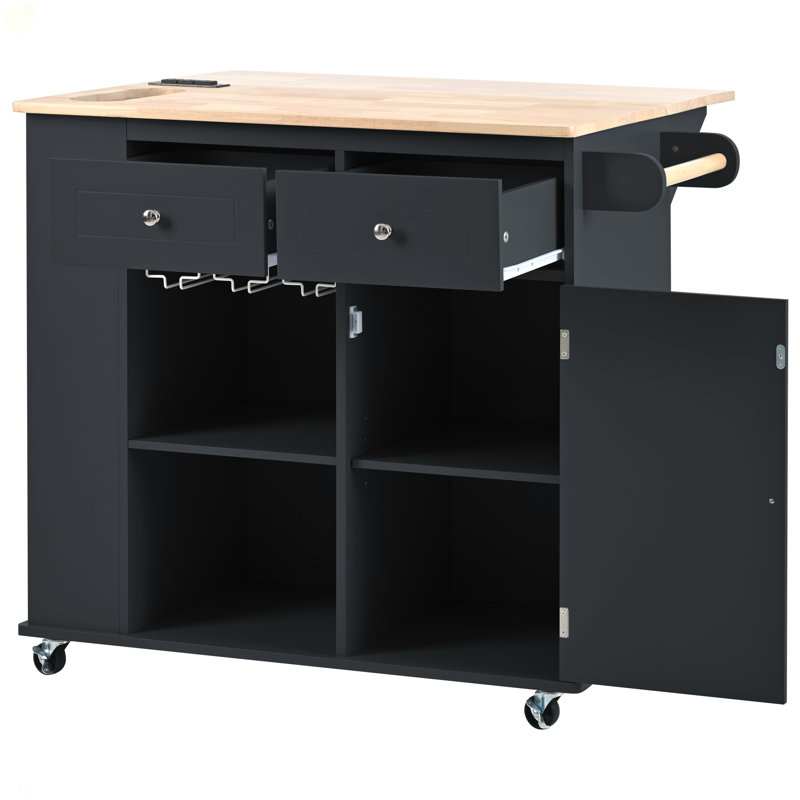 Kitchen Storage Island With Drop Leaf And Rubber Wood,Open Storage And Wine Rack,5 Wheels,With Adjustable Storage For Home, Kitchen, And Dining Room
