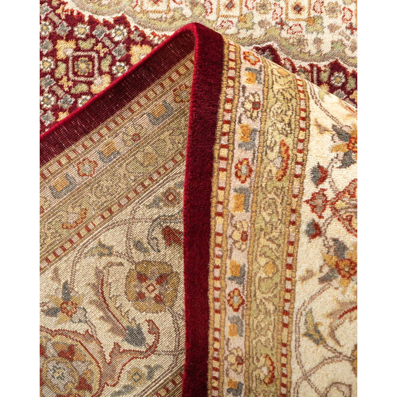 Tapis rouge / beige / ivoire noué à la main de conception unique 8 pi 2 po x 9 pi 10 po Hayner