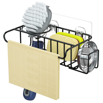 4 In 1 Adhesive Sink Caddy Sponge Holder, SUS304 Stainless Steel Sink Basket Brush Holder,Silver