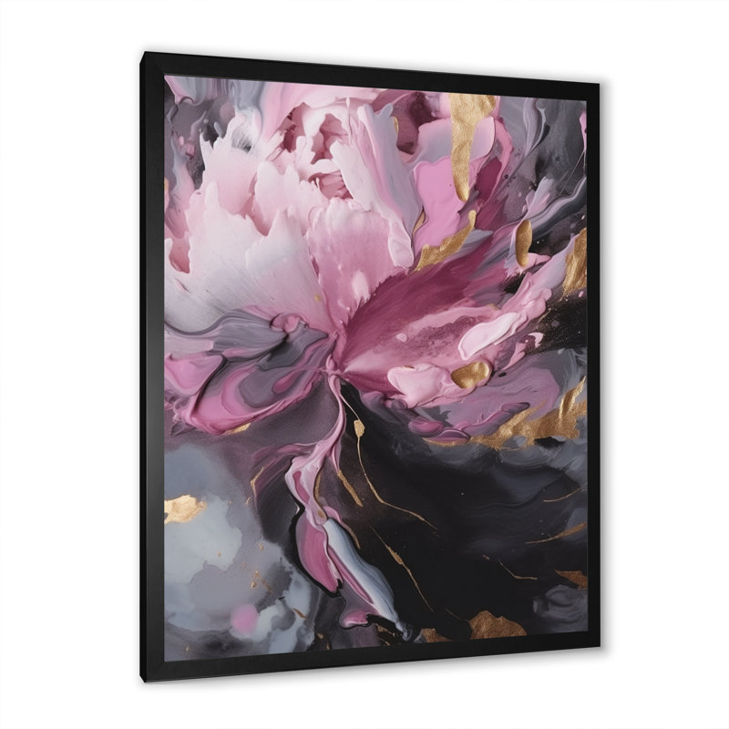 Harmonieux rose gris pivoine fleur III - pivoine florale, art mural sur toile, L 30 po x H 40 po, Cadre photo noir