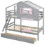 Lit superposé simple gris avec avantages fonctionnels. 2 tiroirs, 1 boîte, une tablette et une fenêtre. Fabrication en bois massif. Pour 6 personnes et plus. Bois. Âges ans plus âgés-2128745479
