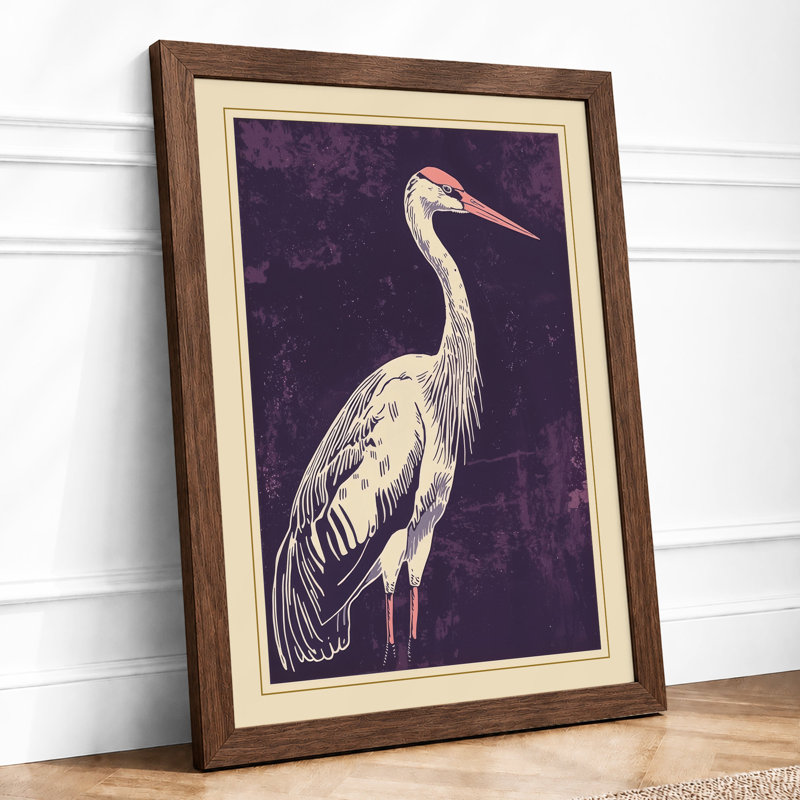 Heron in Twilight Japandi - Framed Print, A2 - 59.4 x 42.0 cm, Walnut