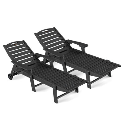 Outdoor Wood Texture Pool Reclining Lounge Chaise  With Wheels & Cup Holder (Set of 2)