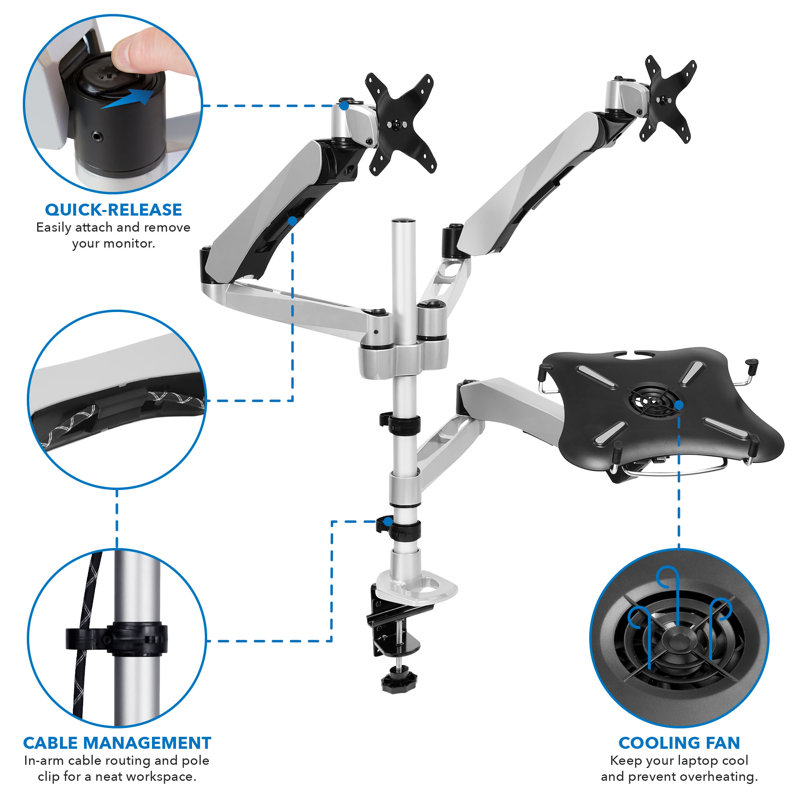 Silver and Black Adjustable Dual Monitor and Laptop Stand