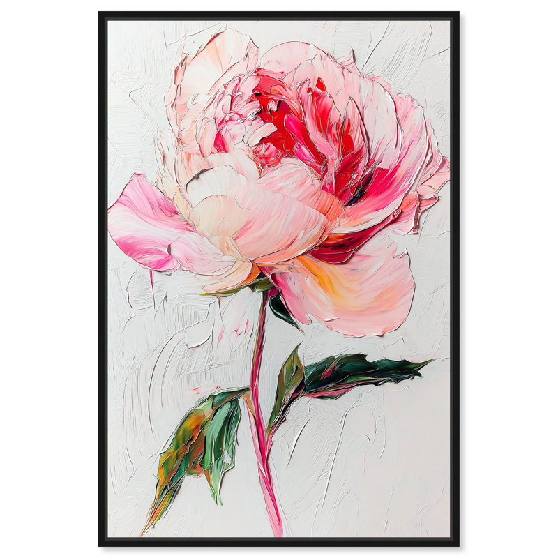 Art floral rose pastel sur toile rose, Cadre noir, H 16 po x l 11 po