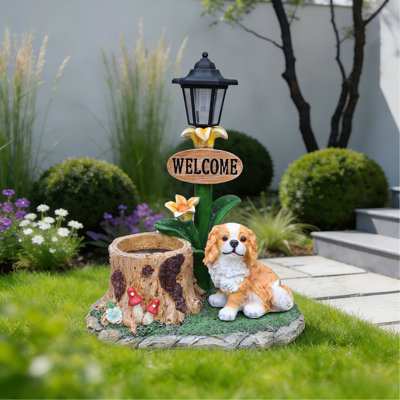 Statue de jardinière lanterne solaire chien assis