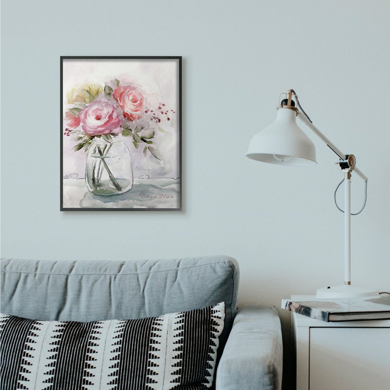 «Flower Jar Pink Green», reproduction d'art, H 24 po x l 30 po x P 1,5 po, Giclée encadrée noir minuit