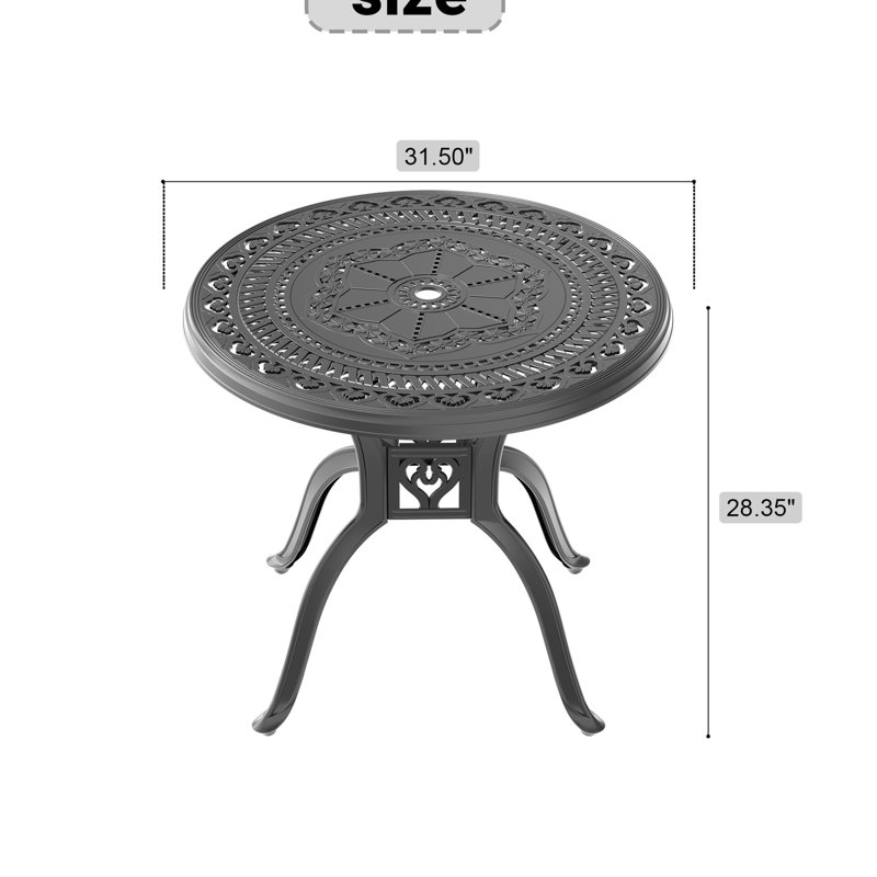 Table de salle à manger en aluminium coulé avec cadre noir 31,57 pouces avec trou pour parasol et table de rangement pratique
