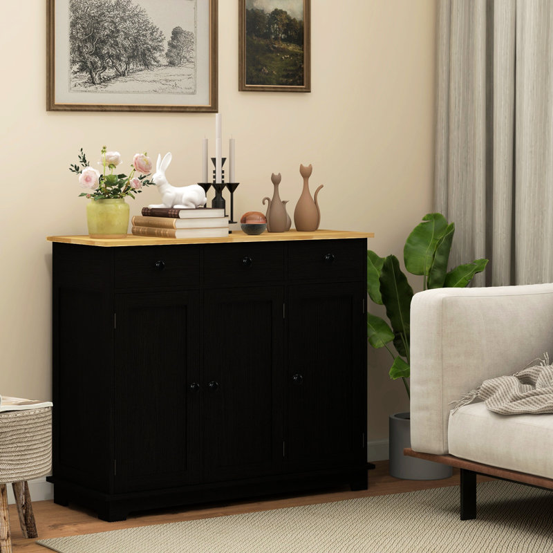 Armoire de rangement multimédia - comptoir en bois massif, 3 tiroirs, portes, tablette réglable noir patiné pour le couloir de l'électronique