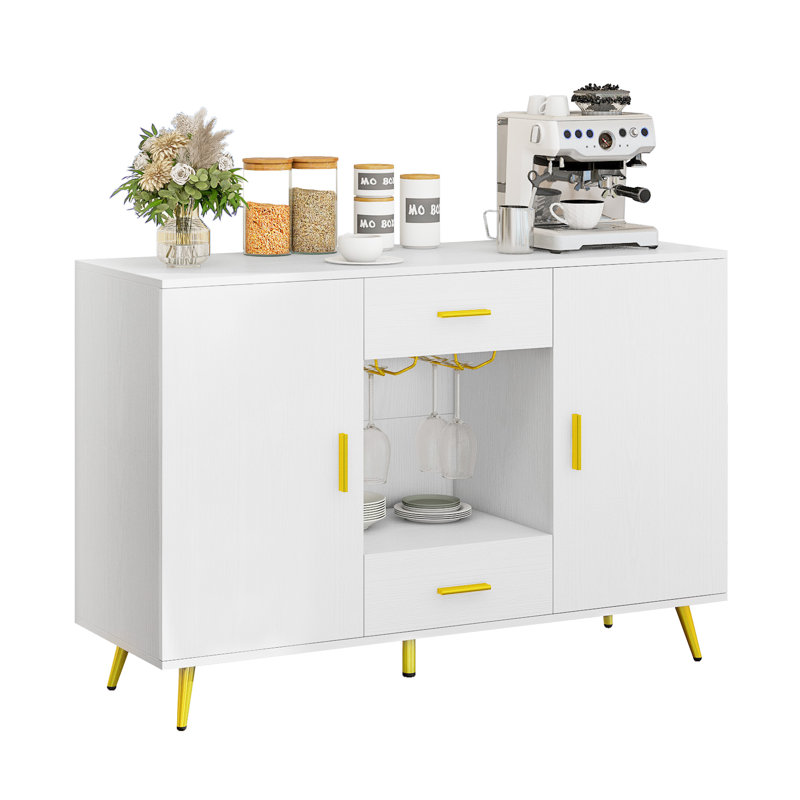Buffet suspendu en bois avec 2 portes et 2 portes et verres à vin Tioga, Blanc