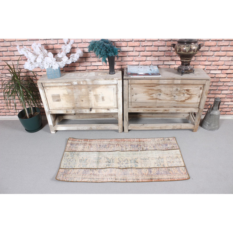 Authentic Oushak Style Small Turkish Vintage Patchwork Rug in Beige for Entryway and Boho Decor