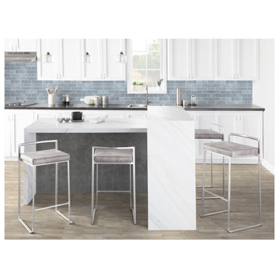 Ensemble de 3 tabourets de bar empilables 30 po en acier inoxydable avec tissu Cowboy gris clair