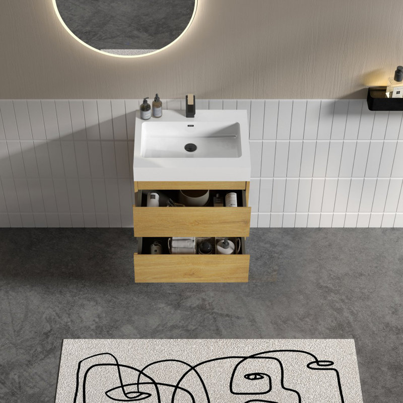 Xiong 24,00 po X P 18,10 po P 25,20 po Meuble-lavabo mural H en bois de chêne avec plateau blanc