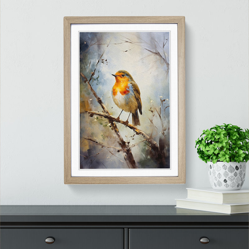 Robin Bird Impressionism - Single Picture Frame Print on Wood, Oak, 64cm H x 46cm W x 2cm D