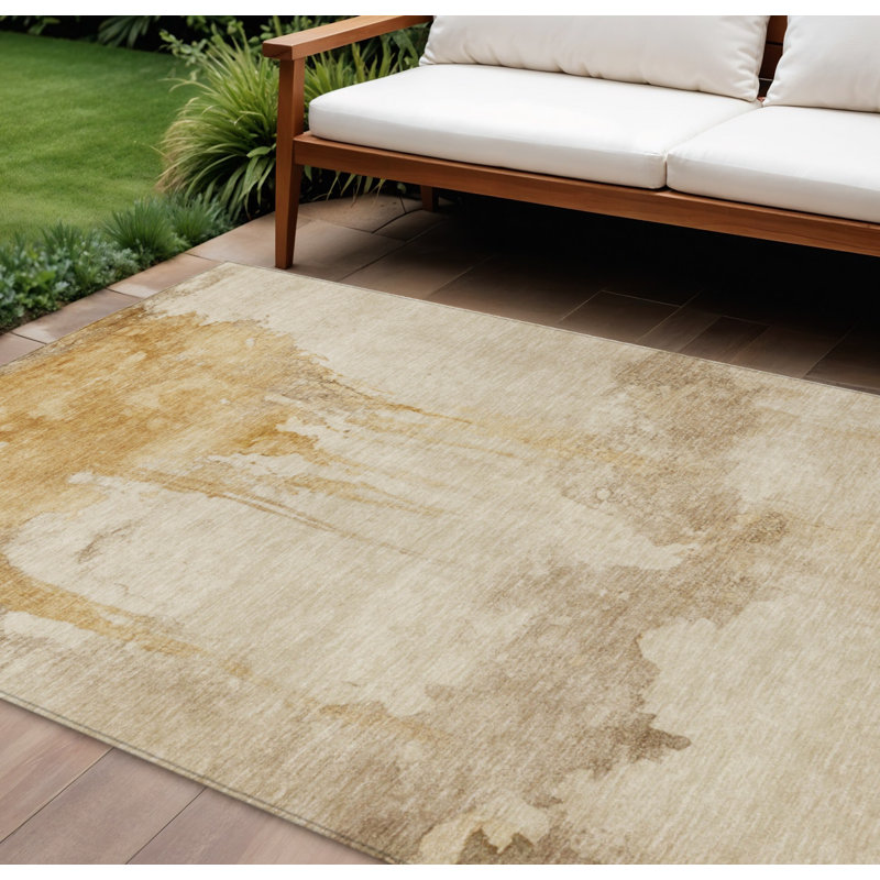 Tapis extérieur lavable abstrait doré et beige 10 pi x 14 pi