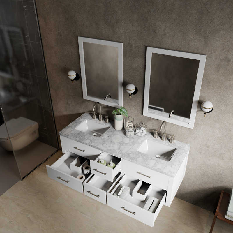 60" Wall-Mounted Double Bathroom Vanity Set, White, White Carrara Marble
