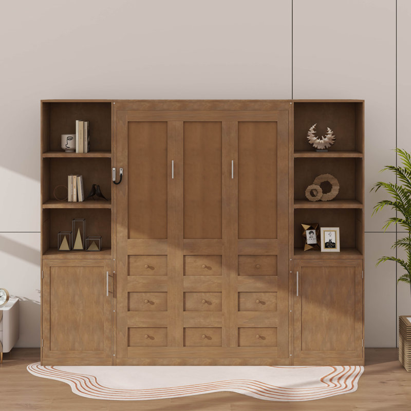 Grand lit escamotable avec tablettes et armoires