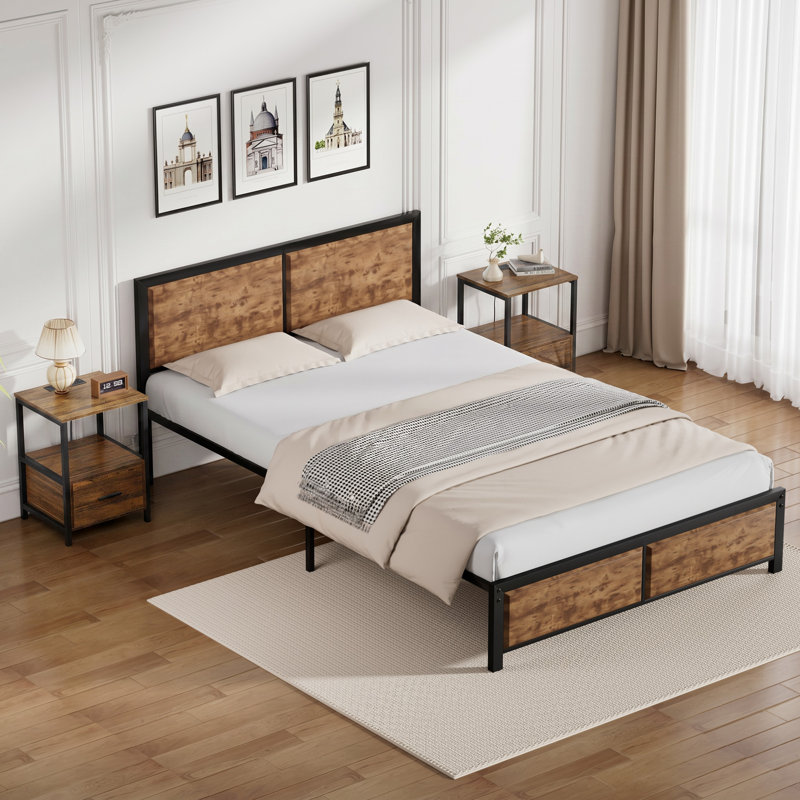 Laurea 3 Piece Bedroom Set, Industrial Bed Frame with 2 Nightstands Set, Metal Platform Bed with Wood Headboard & Footboard, Farmhouse Bedroom Furniture Set with Charging End Tables, 2 AC Outlets & 2 USB Ports, No Box Spring Needed