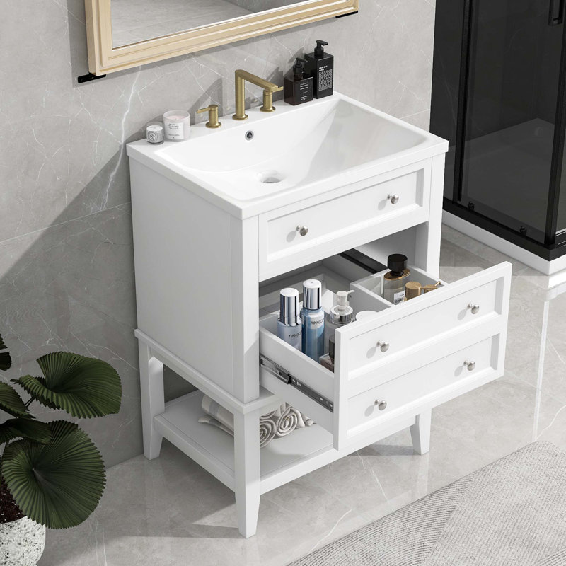 Meuble-lavabo 24 po avec lavabo, armoire de rangement avec tiroir et tablette ouverte, structure en bois massif