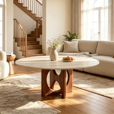 Arbor 35" Wabi-Sabi Modern Round Coffee Table with Hollow Arch Solid Wood Base for Apartment & Living Room