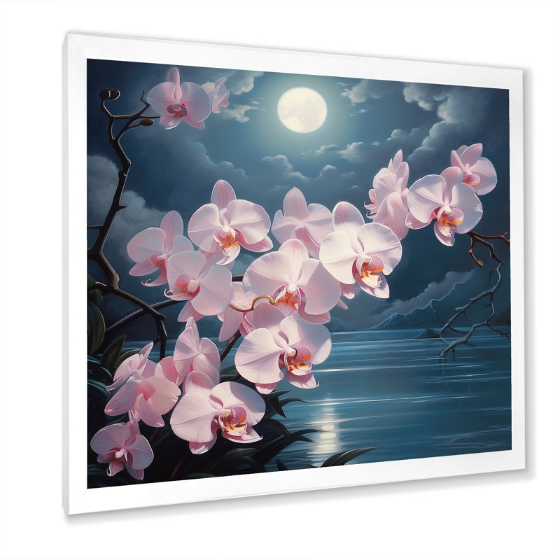 Orchidées au clair de lune, H 30 po x l 30 po x P 1 po, Cadre simple blanc