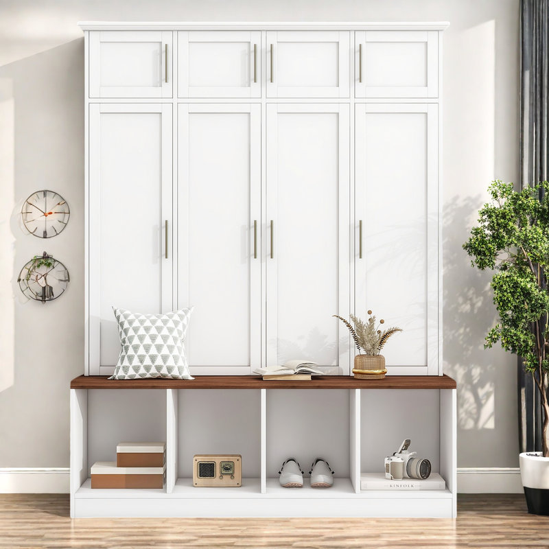 75"H Hall Tree with Open Storage,3-in-1 Hall Tree with Bench, White
