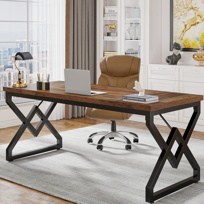 Metal Base Computer Desk, Brown, Black