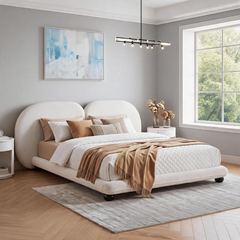 Lit plateforme tapissier à tête de lit courbée fendue, très grand lit en bois massif blanc doux, support robuste pour la chambre à coucher