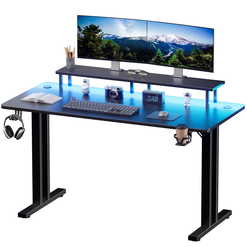 Multi-Purpose Home Office & Gaming Desk, Ergonomic Carbon Fibre Table with LED Lights, Built-in Monitor Stand, Supplied with Cup Holder, Headphone Hook & Mouse Pad, Black