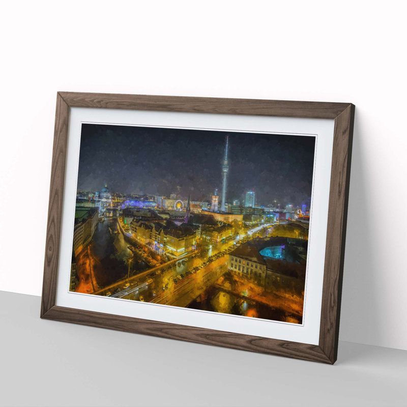 Berlin Germany Skyline in Abstract - Picture Frame Painting Print, 27cm H x 36cm W x 2cm D, Walnut Framed