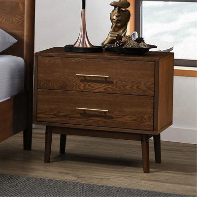 Table de chevet en bois de noyer massif avec 2 tiroirs, pieds fuselés ronds, poignées en nickel et table de chevet à tiroirs de style Mid-Century moderne facile à assembler pour la chambre à coucher