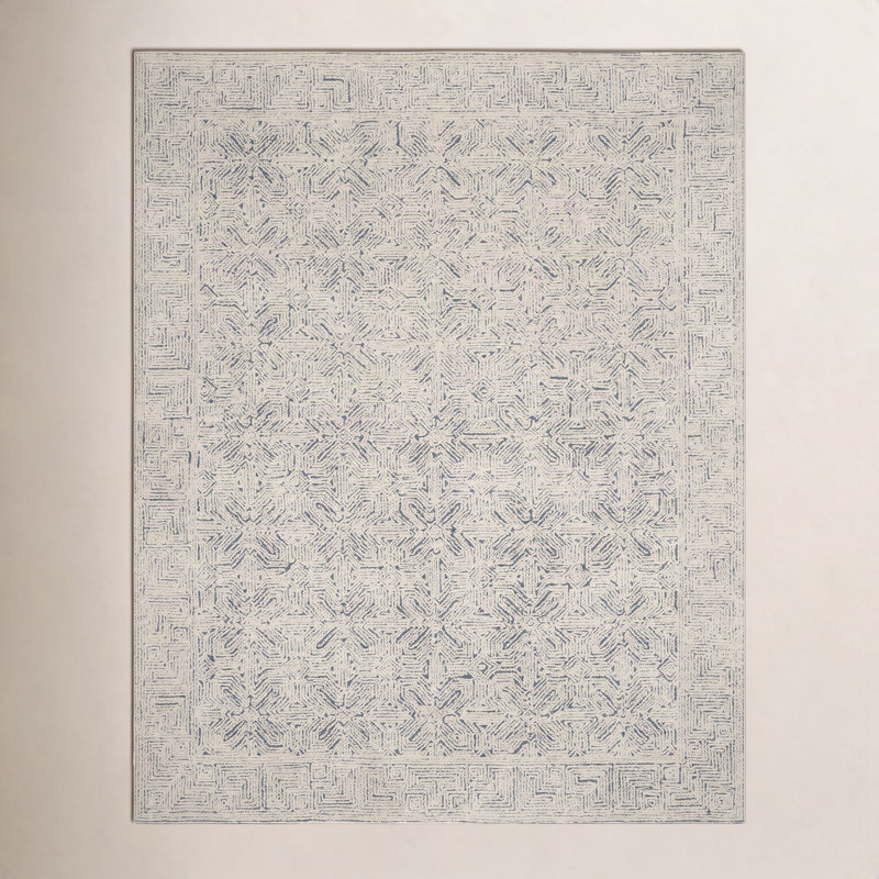 Tapis bleu marine / bleu / beige en laine touffeté Joseph, Rectangle 8 pi 3 po x 11 pi 6 po
