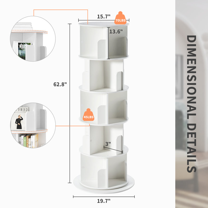 360° Rotating Bookshelf, 5 Tiers Corner Shelf, Rotating Bookcase For Bedroom, Living Room, White