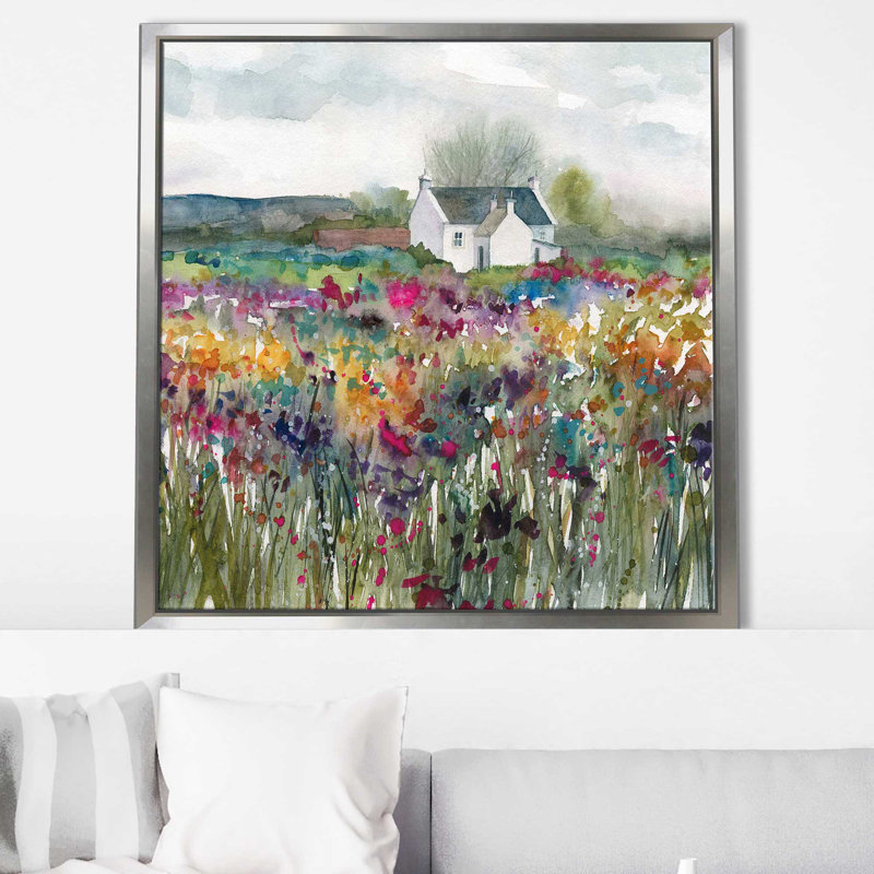 «Wildflower Cottage» par Carol Robinson - Peinture, Cadre flottant argent, H 27,5 po x l 27,5 po x P 2 po