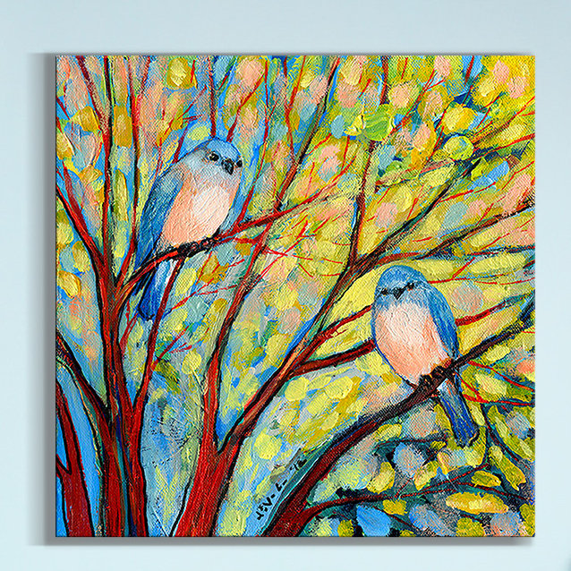 « two oiseaux » par jennifer lommers,, reproduction d’art sur toile tendue, H 28 po x l 28 po x P 1,5 po