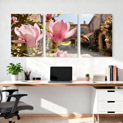 Pink Magnolia Flower And Bee Garden Scene Canvas Wrapped Wall Art Oil Painting Print Set Of 3 For Living Room Bedroom Home Decor
