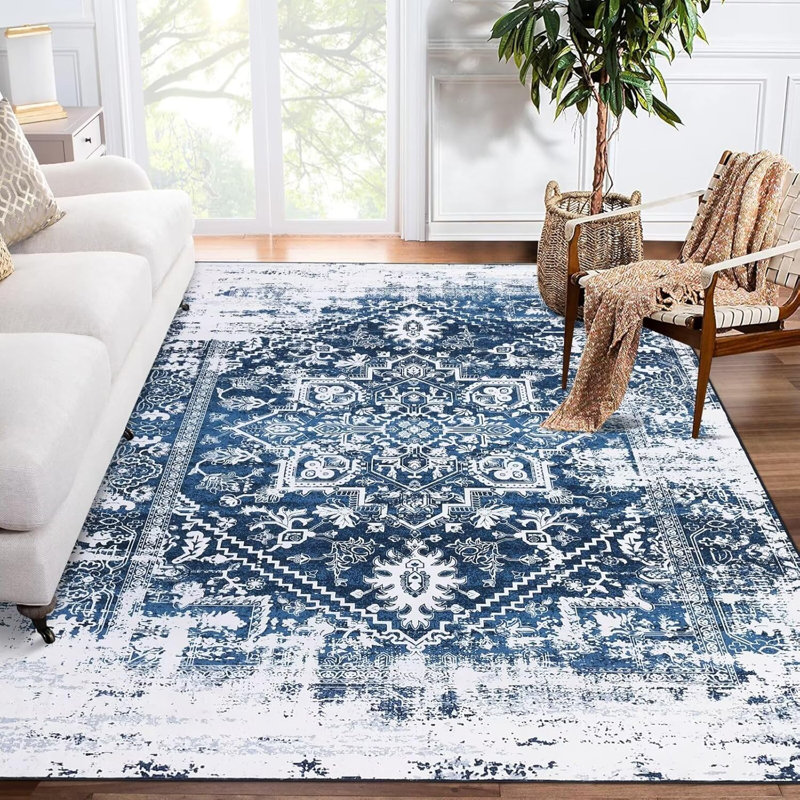 Washable Vintage Runner – Non-Slip, Foldable, Thin Distressed Rug for Hallway, Kitchen, Bathroom (Blue), Rectangle 5' x 7'