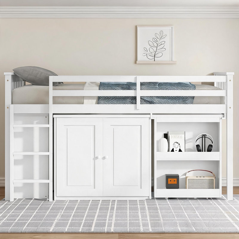 Lit mezzanine simple pour petit espace en bois d'hévéa massif avec rangement intégré et bureau coulissant, White