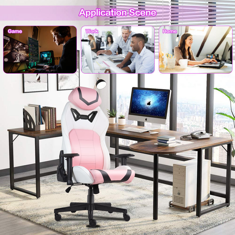 Fauteuil de jeu et de course pivotant ergonomique Inbox Zero, Rose / blanc