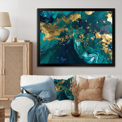Bleu sarcelle et or liquide Magic II - art mural abstrait