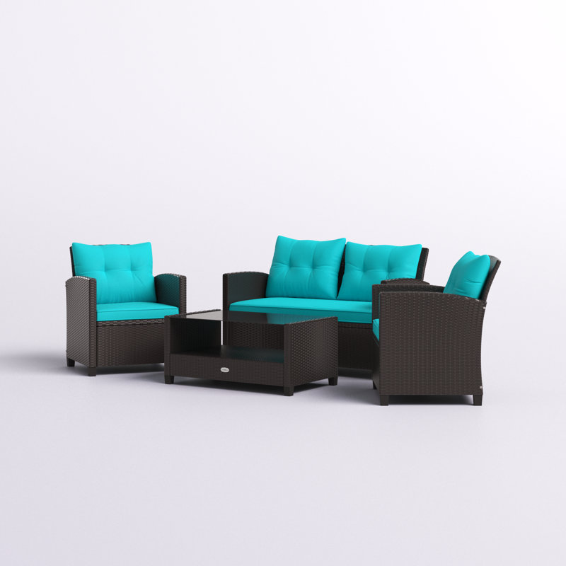 Alysheeya Wicker 4 - Person Patio Conversation Set with Cushions, Turquoise