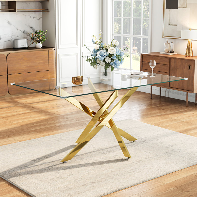 Table de salle à manger rectangulaire Gottwald 50" en verre pour 4 personnes, pieds croisés modernes en acier inoxydable, plateau en verre trempé, idéale pour les petits espaces.