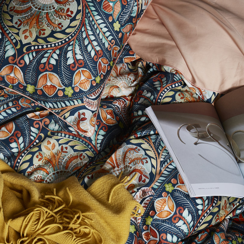 Vintage Floral And Leaf Printed  Microfiber Comforter Set, Queen Comforter + 2 Standard  Pillowcases, Dark Blue/Orange Floral