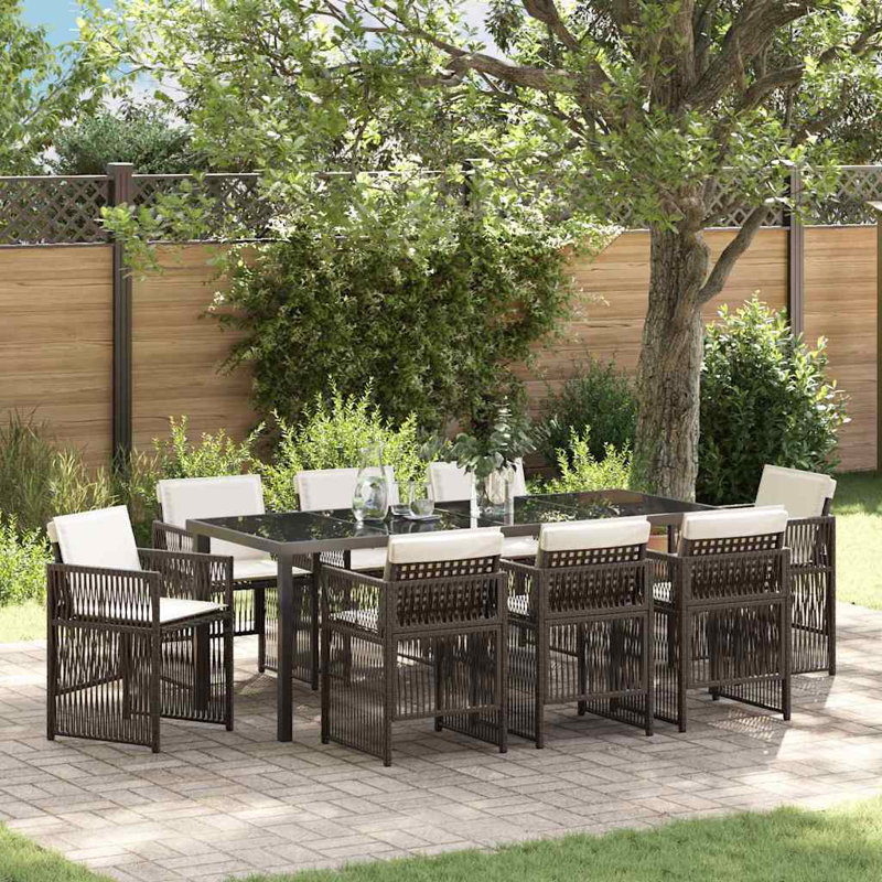 Emiya 8 - Person Patio Dining Set Rectangular Table, Beige Cushion/Brown Frame
