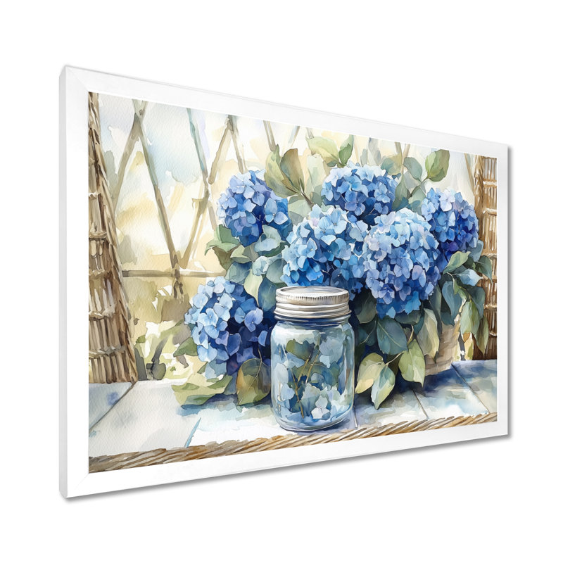 Doris hortensias et eucalyptus II - hydrangées, art mural, H 30 po x l 40 po, Blanc, Floater Framed