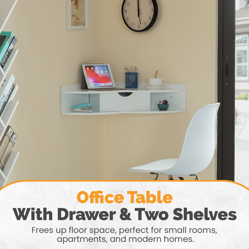 Basicwise Wall Mounted Folding Table with Drawer - Floating Space-Saving Solution for Home Office, Bedroom, Laundry Room - Hideaway Secretary, Shelves, Modern White, Compact Design, 23.5 x 33 x 7 in